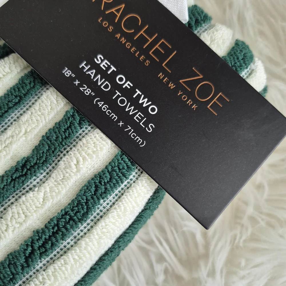 (New) Rachel Zoe Modern Stylish Green & White stripe Hand Towels 2pc